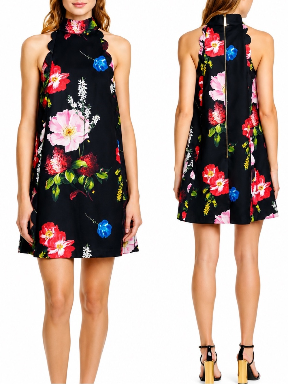 Ted Baker London Floral Scallop Trim Shift Dress Black Sleeveless Size 2